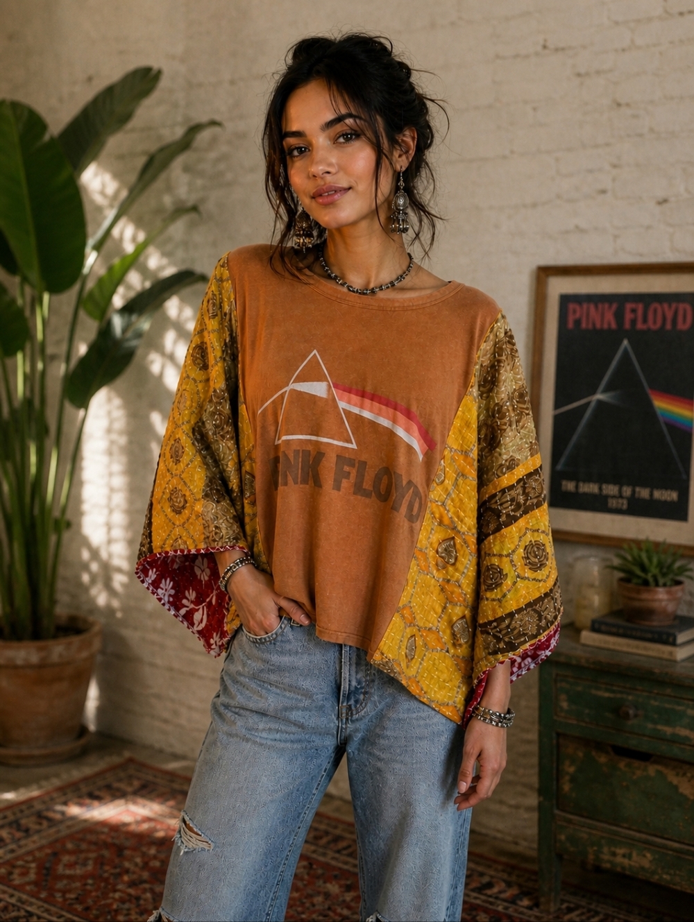 Upcycled Pink Floyd Band Tee With Kantha Sleeves, OS